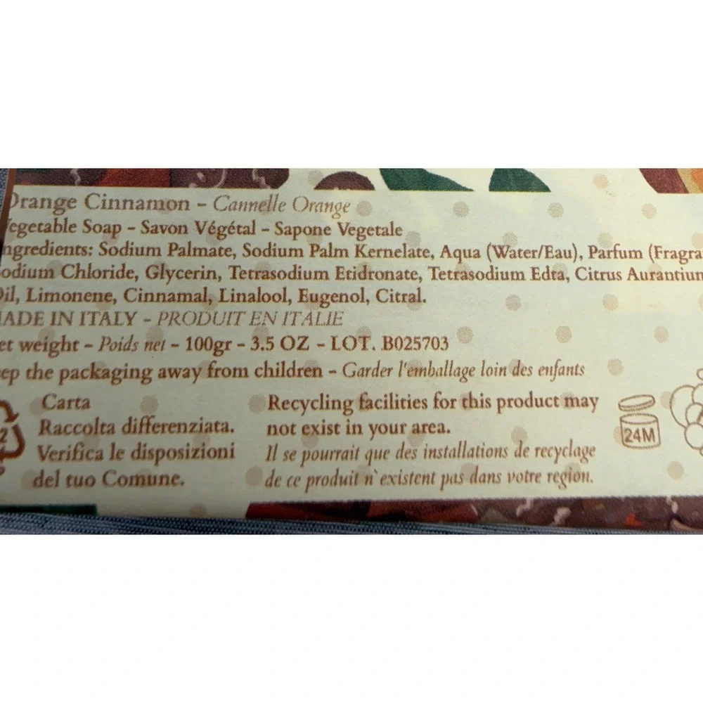 Alchimia Italy Handmade Veg Soap Bar Set Orange Cinnamon & Vanilla 3.5oz x2